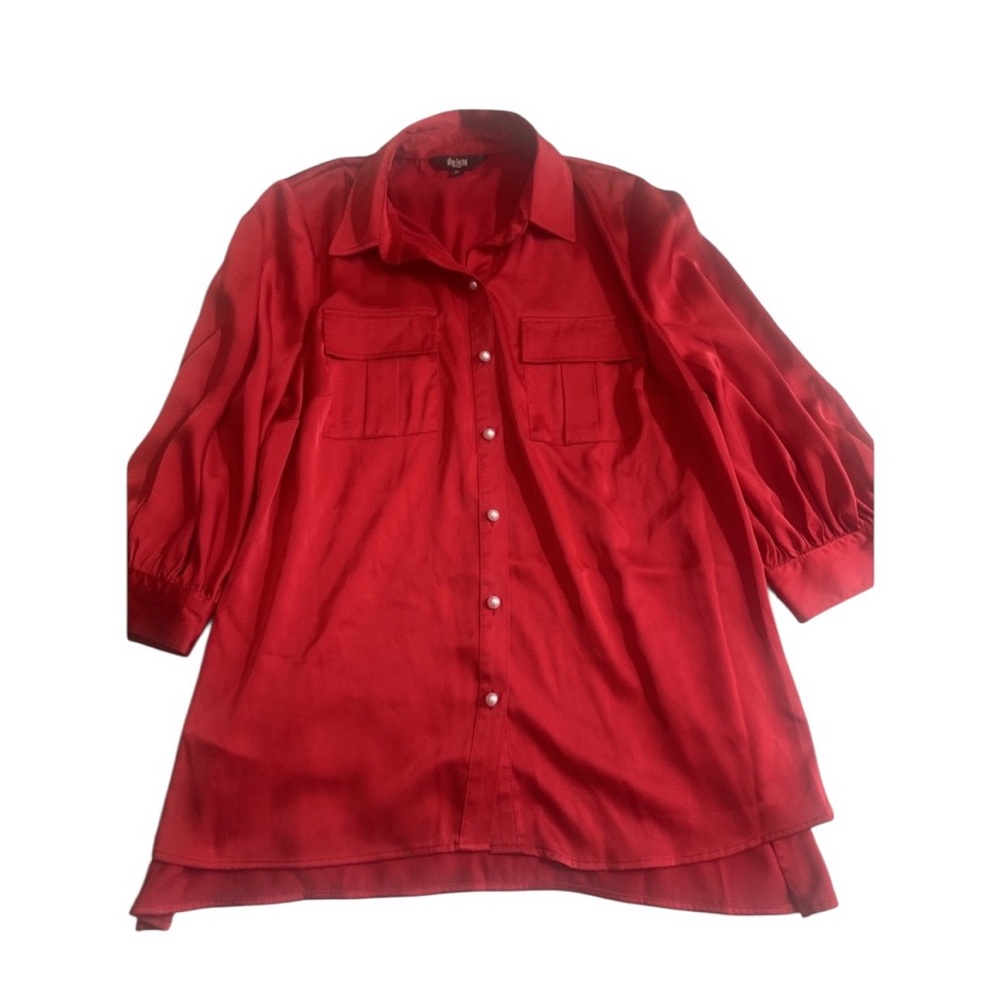 Women's Slim Factor Red Button Down Shirt Blouse Pockets 3/4 Sleeve Size 1X